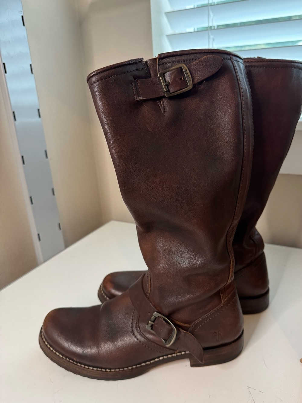 Frye Dark Brown Leather Moto Buckle Boots